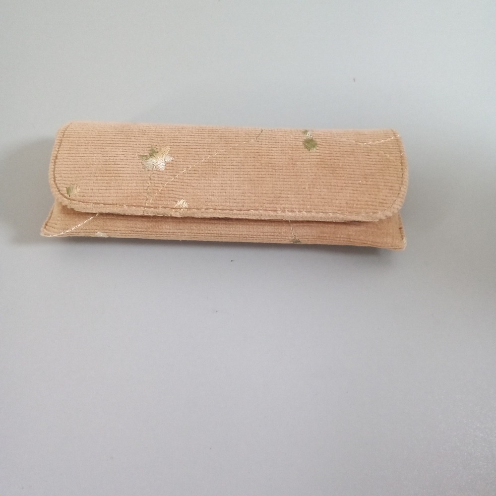 Tan Corduroy Floral Embroidered Eyeglasses Case Soft Lined Slim Travel Pouch